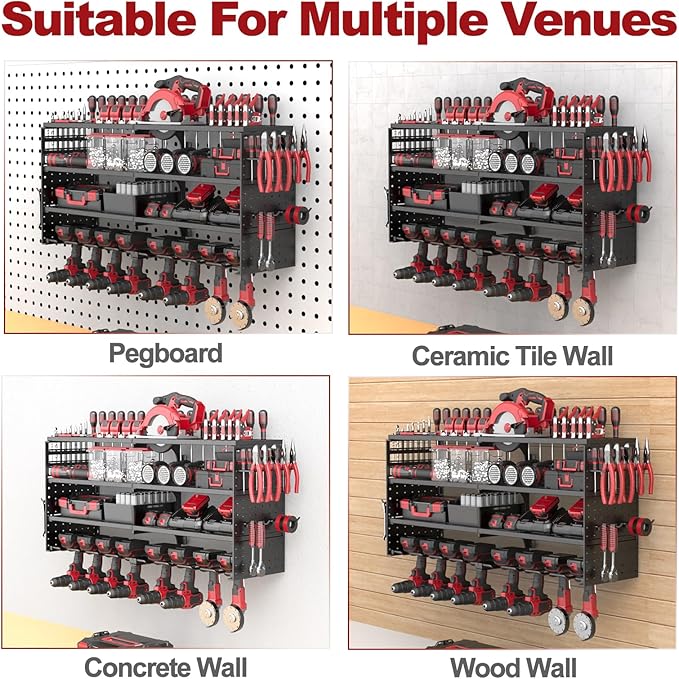Power Tool Organizer Wall Mount, 4 Tier Tool Storage Rack with 8 Cordless Drill Holders, Heavy Duty Power Tool Shelf for Garage Organization Workshop