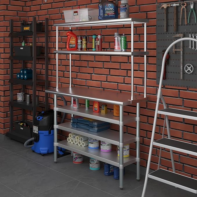 Amgood 18" x 48" Stainless Steel Work Table with 3 Shelves and 12" Wide Double Tier Overshelf | Metal Kitchen Prep Table & Shelving Combo | NSF