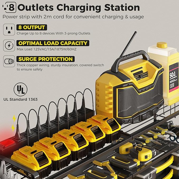 3 Pack Power Tool Organizer Wall Mount with Charging Station, 8 Outlet Power Strip & 4 Layers Storage Rack with 8 Drill Holders for Cordless Tools, Heavy Duty Utility Racks for Garage Workshop