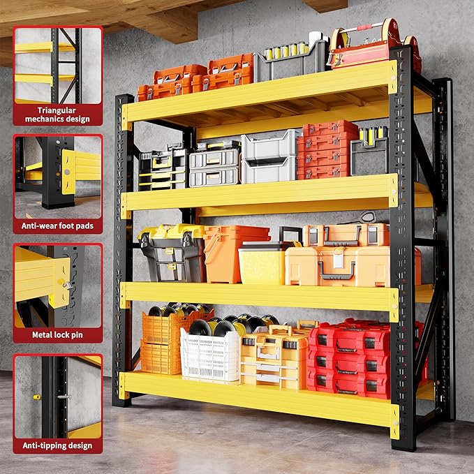 5000LBS Garage Shelving 59" W Garage Shelving Heavy Duty 4-Tier Metal Storage Shelves Adjustable Shelf Unit Storage Rack for Basement Supermarket Warehouse 59" W x 20" D x 78" H Yellow