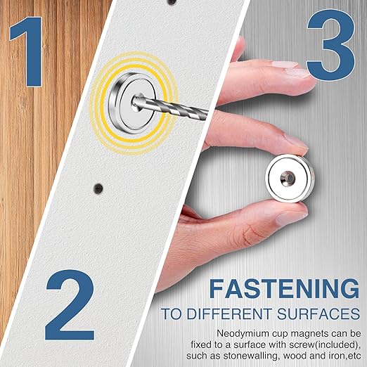 MIKEDE 70 LBS Magnets with Screw Holes, 6 Pack Force Neodymium Cup Magnets 25mm with Countersunk Hole and Steel Capsule, Powerful Industrial Strength Strong Magnet with Screws for Wall Mounting