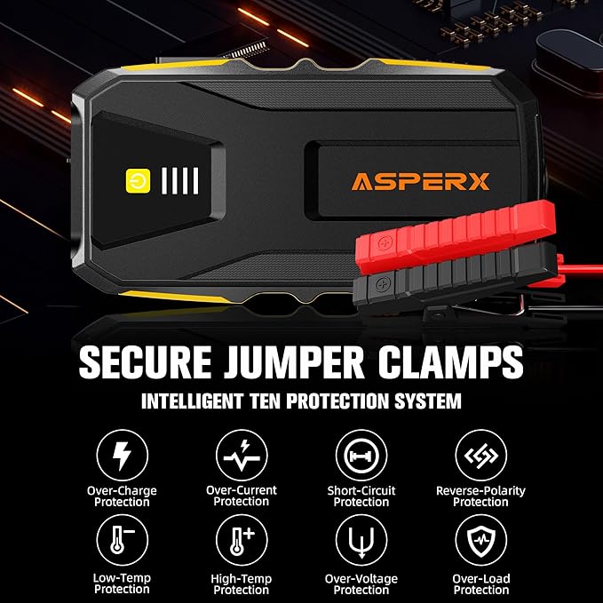 ASPERX 3000A Jump Starter for Car Battery, 12V Portable Jump Box with LED Light & Smart Jumper Cables, BMS for Up to 10.0L Gas or 8.0L Diesel Engines-Yellow