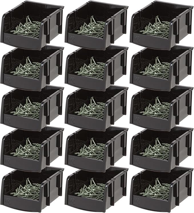 IRIS USA Stackable Bins, 5.5 x 4.5 x 3 inch, Plastic Hanging Open Front Shelf Bin Storage Organizer for Hardware, Craft Supplies, Small Parts, Nuts and Bolts, Garage Organization, 15 Pack- XS, Black