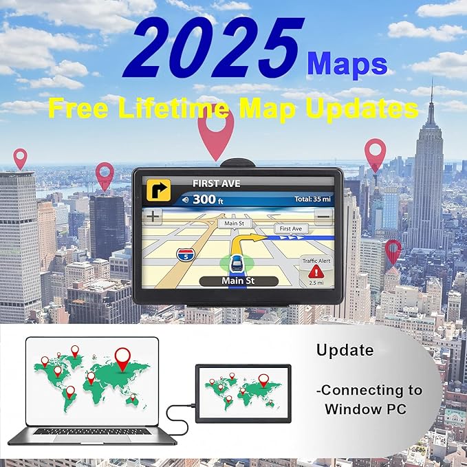 GPS Navigator for Car, Latest 2025 Map 7 inch Touch Screen Car GPS 256-16GB, Voice Turn Direction Guidance, Support Speed and Red Light Warning, Pre-Installed North America Lifetime map Free Update