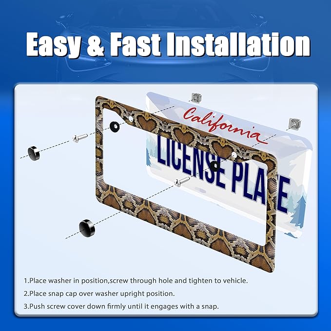 Snake Printed License Plate Frame Animal Skin Texture License Plate Stainless Steel Funny License Plate Holder Colorful Car Accessory with Screws Car Decoration 12.3" x 6.3" Men Women