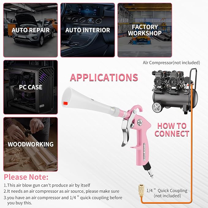 Tornado Dry Cleaning Gun Detailing Interior Dryer Air Blow Gun High Pressure Blower Gun for Women Car Detailing Kit Interior Cleaner Works with Air Compressor and Quickly Removes Surface Dirt Pink