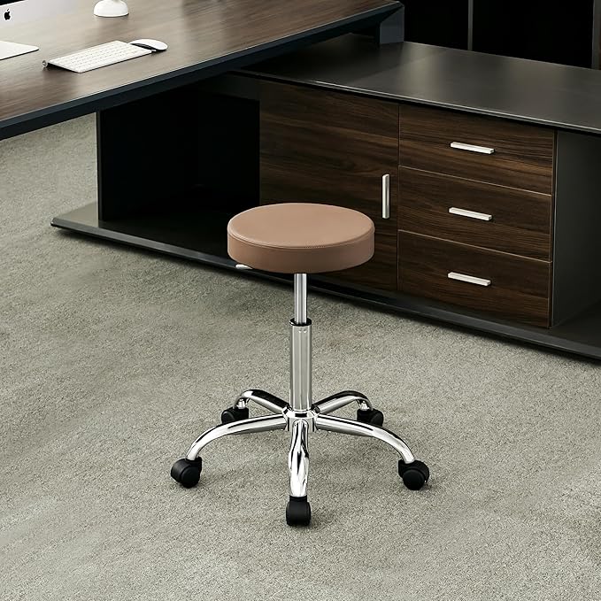 Adjustable Office Stool with Wheels 19.5’’-26.6’’, Brown Thick Cushion Backless Rolling Chair (Coffee Brown)