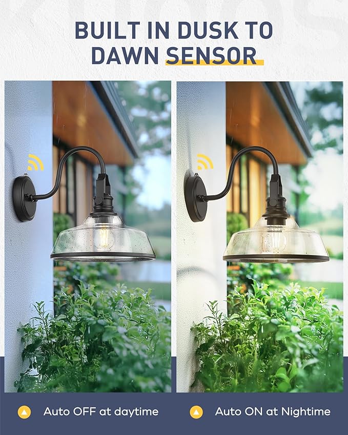 kudos Dusk to Dawn Outdoor Wall Sconce, Exterior Garage Light Fixtures, Farmhouse Waterproof Outdoor Gooseneck Barn Light Motion Sensor, Seeded Glass 1 Pack, KDOWL05-BK-S-LC