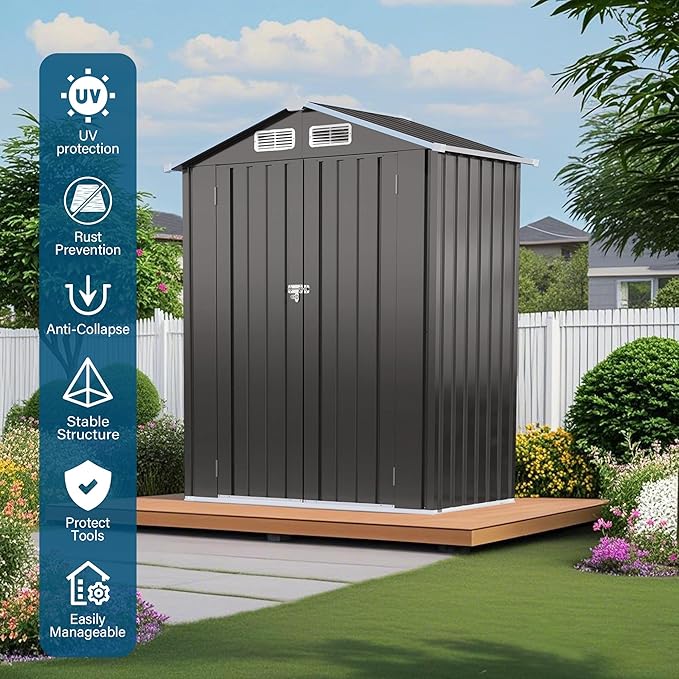 IKERY 5X3 FT Metal Outdoor Storage Shed, Tool Shed with Pitched RoofWaterproof, Lockable DoorCompact Metal Tool Shed for Garden, Backyard, Patio, Everyday Sundries and Bike Storage, Gray