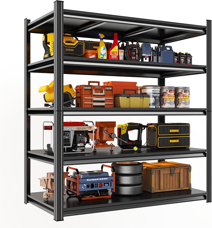 Garage Shelving, 72" H × 48" W Heavy Duty Metal Shelving - Easy to Assemble, Adjustable 5-Tier Storage Shelves, Double-Thickened Columns, 3000 lbs Capacity, for Garage, Pantry Storage, Black