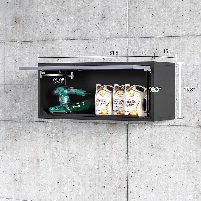 Metal Wall Storage Cabinet with Up-flip Door, Wall-Mounted Storage Cabinet for Garage, Warehouse, Home, Office, Assembly Required (Black Grey, One Cabinet), WC-0725