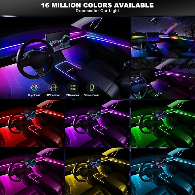Dreamcolor Acrylic Interior Car LED Strip Light with Wireless APP, RGB 10 in 1 with 175 inches 612 LEDs Fiber Optic Car Ambient Lighting Kits, Dynamic Chasing Music Sync Neon LED Strip Lights for Car