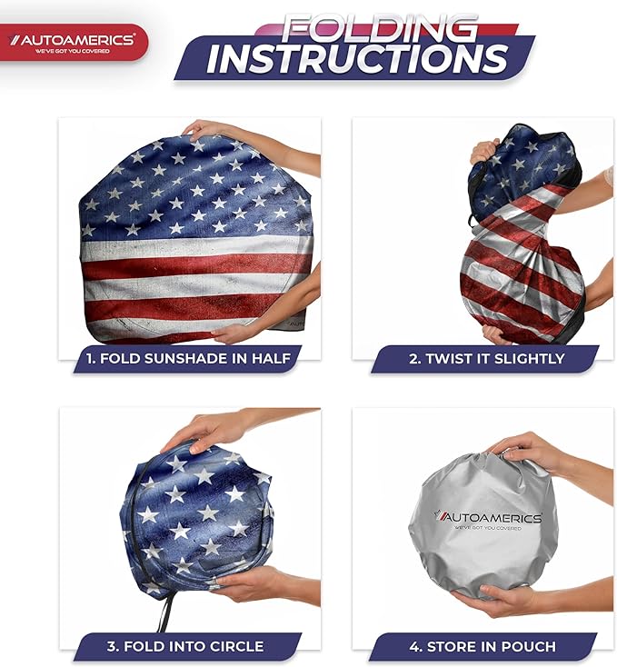 Autoamerics 1-Piece Windshield Sun Shade Grunge American Flag - 3 USA Design - Foldable Car Front Window Sunshade for Most Sedans SUV Truck - Blocks Max UV Rays and Keeps Your Vehicle Cool - Large