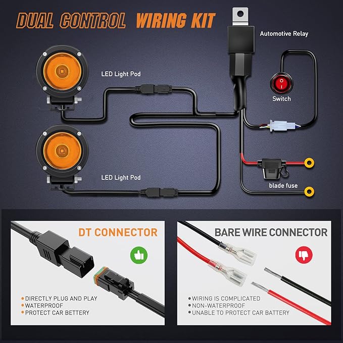 Nilight Motorcycle Led Pods Amber Fog Lights 2PCS 3Inch Yellow Round led Offroad Built-in EMC Driving Lights w/ 18AWG DT Wiring Harness Kit for Motorbike SUV ATV Truck Boat Tractor