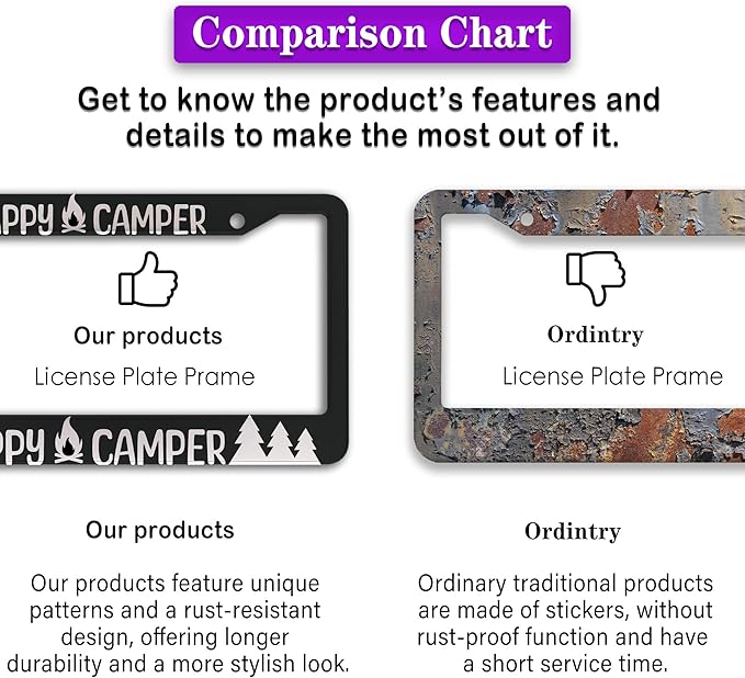 License Plate Frames Black and White Metal License Plate Frame Happy Camper with Campfire Universal Aluminum Car Accessory 2 Pack with Screw Covers Set