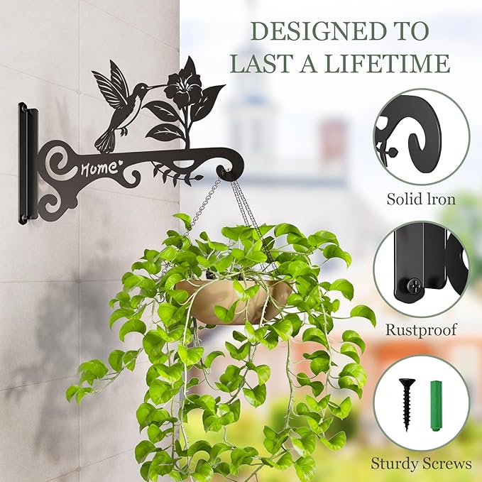 10 Inch Metal Plant Hooks (2-Pack) - Decorative Wall Hangers with Bird Design for Indoor & Outdoor Use - Hanging Brackets for Plants, Flower Baskets, Bird Feeders, Lanterns - Patio, Garden, Home Decor