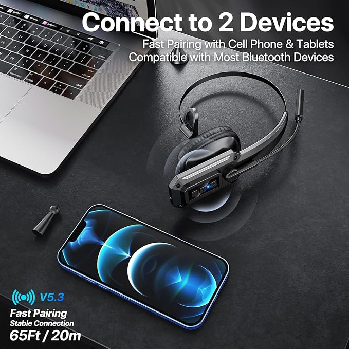 Bluetooth Headset, Trucker Bluetooth Headset with Noise Cancelling Microphone & Mute Button, 60Hrs Working Time, Wireless On-Ear Headphones with Mic for Work/Cellphone/Laptop/Office - Black