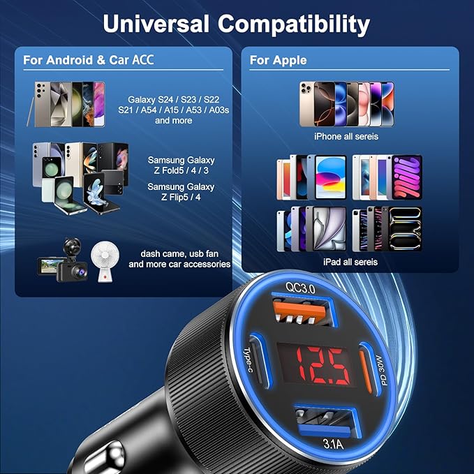 Car Charger USB C, Besgoods 4 Ports Cigarette Lighter USB Charger USB C Car Adapter PD/QC Fast Charging with Voltmeter for iPhone 16 15 14 13 12 Galaxy S24 S23 A54 A15 Android Dash Cam, 2Pack
