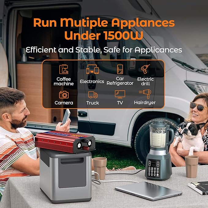 1500W Pure Sine Wave Inverter, 12V DC to 110V/120V AC Power Inverter for RV、Off Grid、Truck、with 2 AC outlets and LCD Display