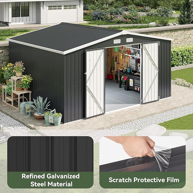 Aoxun 12x10 FT Shed Metal Outdoor Waterproof Storage Shed Steel Utility Garden Tool Shed with Door & Lock Outdoor Storage for Garden Patio Lawn Poolside, Black