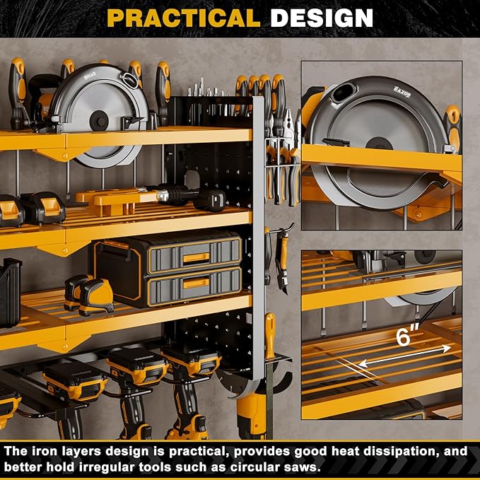 Power Tool Organizer Wall Mount with Charging Station 4 Layer 6 Slot Cordless Drill Holder with Angle Grinder Holder (Yellow)