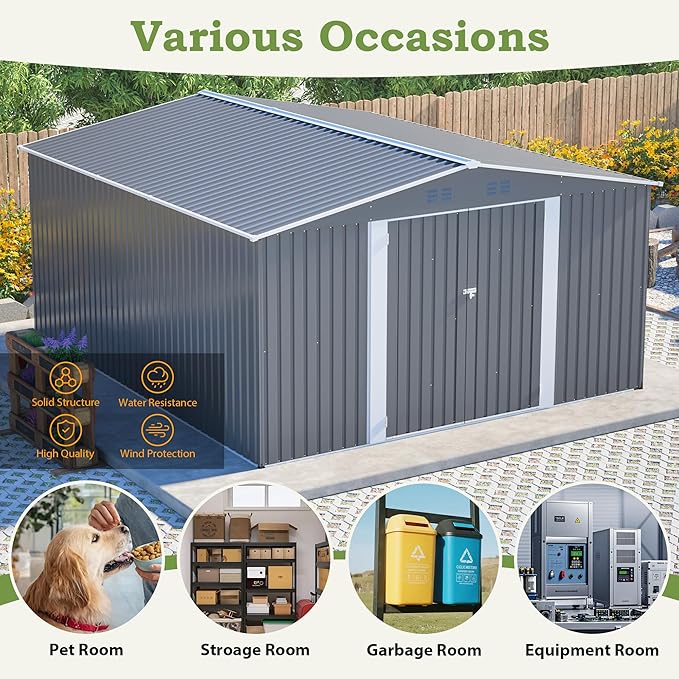 Outdoor Storage Shed, 12 X 14ft Metal Galvanized Steel Garden Shed with Floor Frame, Utility Tool Shed Storage House with Window for Backyard, Patio, Lawn