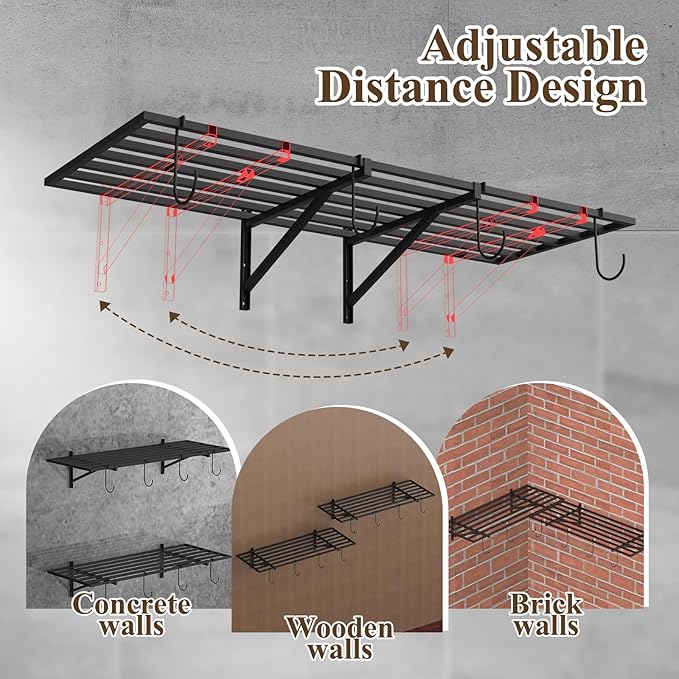 PEKGRIL Garage Wall Shelving Set of 2, 1.5X4 ft Garage Wall Shelves with 8 Hooks, Heavy Duty Wall Mounted Storage Shelf, Loads 260 lbs Each Metal Wall Shelf, Black