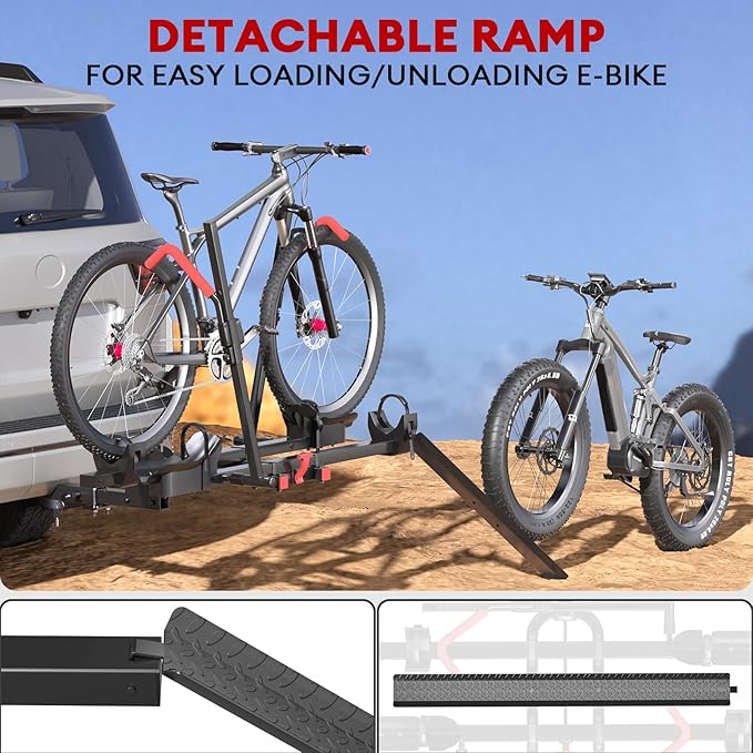 Hitch 2 EBike Rack with Ramp, 170lbs Capacity Electric Bike Carrier Foldable for 2 Heavy Ebike, Up to 5-inch Fat Tire Bicycle, 2" Receiver for Car, SUV, RV, Truck, Black