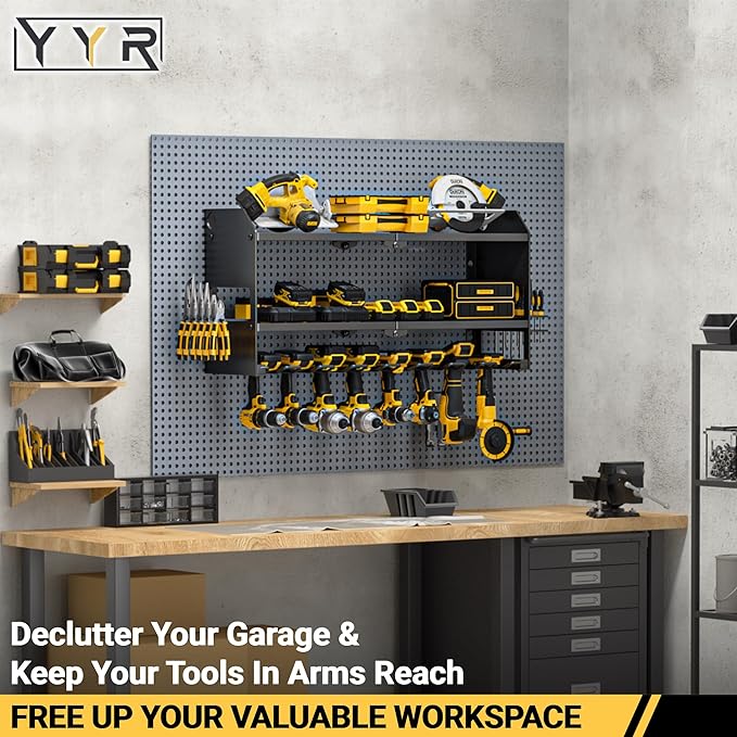 YYR Power Tool Organizer Wall Mount, Cordless Drill and Battery Holder, Electric Tools Hanger Storage Rack, Garage Organization Floating Shelf - Metal, Black