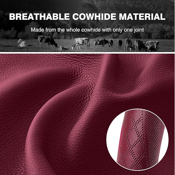 【2025 Model】 High-Grade Real Cowhide Steering Wheel Cover for Men Women，Wine Red Genuine Leather Steering Wheel Cover for Cars,Universal 14.5-15 inch Steering Wheels,Grid & Square Motif