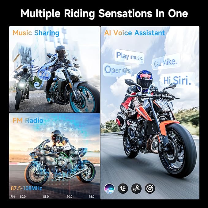 Moman Motorcycle Intercom, H2E Eagle-Like Helmet Headset Communication System with Dual Chip for Audio Multitasking HiFi/Music Sharing/FM/AI Voice (1Pack), Motorcycle-Intercom-Helmet-Headset-Headphone