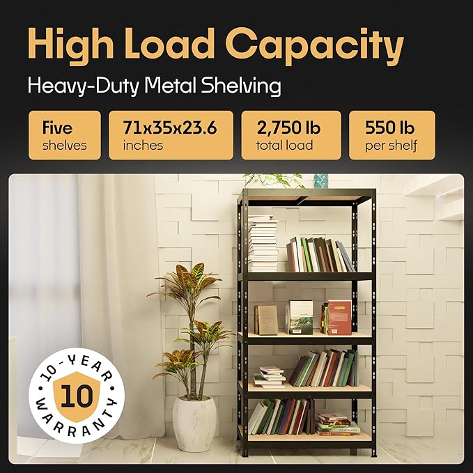 Storage Shelves: 5 Storage Shelves Heavy Duty w/ 2,750 lb Total Load Capacity, 550 per Storage Shelf, 71x35x24 | Perfect Solution for Your Storage Needs | Adjustable Shelving Unit