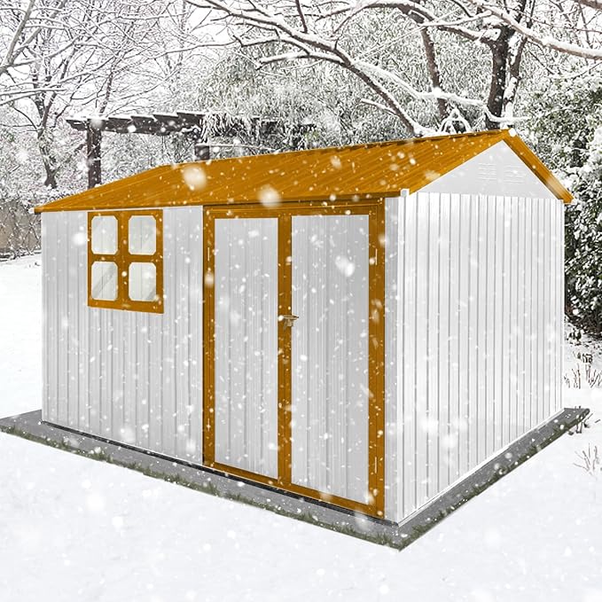 10 x 8 FT Outdoor Storage Shed, Metal Garden Tool Shed with Slooping Roof, Lockable Doors and Windows, Easy to Assemble for Garden, Patio, Lawn, White+Yellow