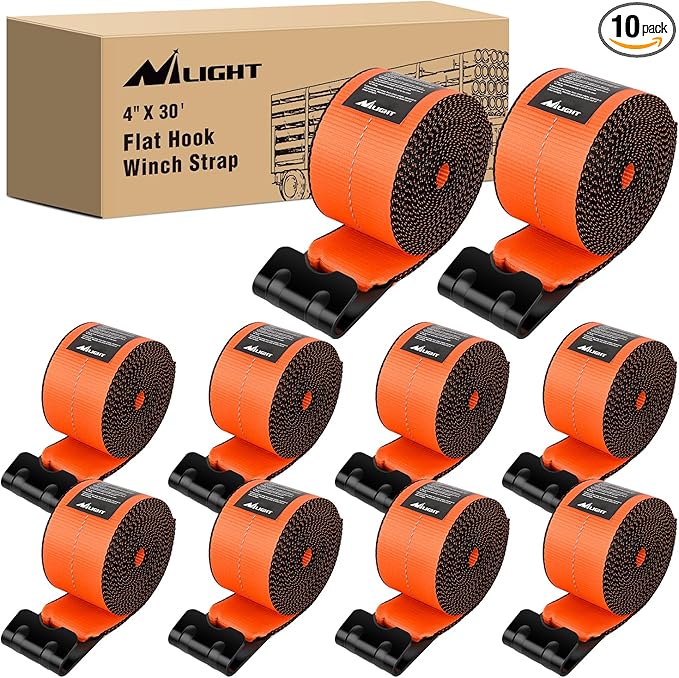 Nilight Truck Straps 4”×30’ Orange Heavy Duty Winch Straps with Flat Hook Break Strength 16800LBS WLL 5400LBS Cargo Straps for Flatbeds Trucks Trailers Farms Rescues Tree Saver (10PACK)
