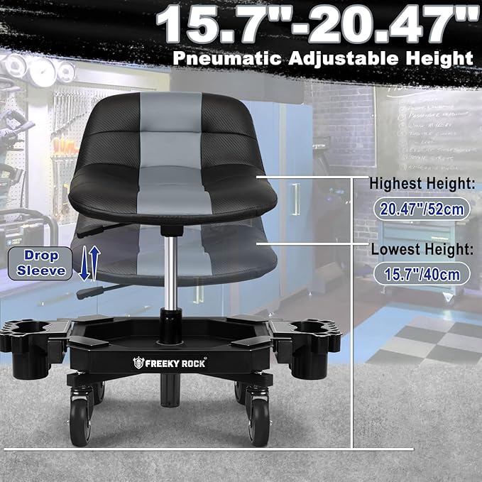 Rolling Stool with Wheels, Adjustable Height Pneumatic Garage Work Mechanic Stool Seat with Backrest, 400 LBS Capacity 360° Swivel Mechanic Crepper Chair with Tool Tray Storage, Gray