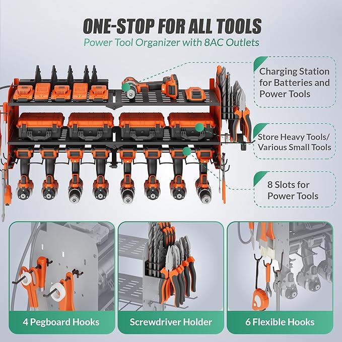 Suchtale Power Tool Organizer with Charging Station,33.2''Garage 8 Drill Holders Wall Mount,3 Layers Heavy Duty Metal Tool Shelf with 8 Outlets Power Strip, Gift for Men, Father, Orange