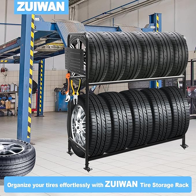Rolling Tire Rack for Garage, Adjustable Metal Tire Rack with Foldable Heavy-Duty Hole Board, 4 Self-Locking Swivel Casters, 59” Height, 660 Pound Capacity
