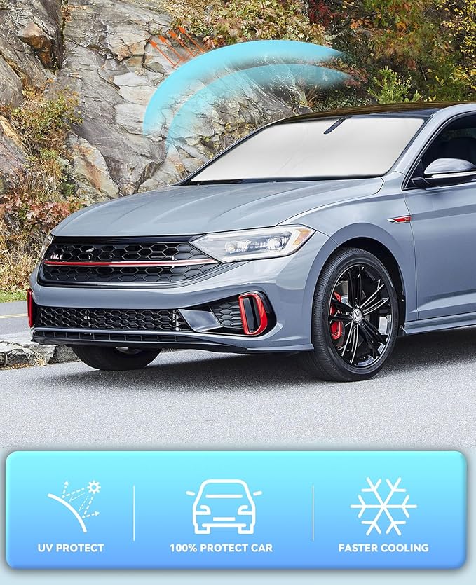Sun Shade for VW Volkswagen Jetta Windshield Sunshade Custom Fit VW Jetta 2019-2023 2024 2025 2026 Car Accessories Windshield Cover Front Window Shields 240T Reflective Sun Visor Block UV Rays