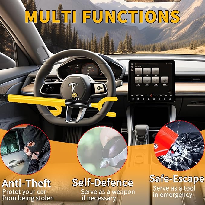 Steering Wheel Lock,Heavy Duty Anti-Theft Car Device,Adjustable Length Locking with 3 Keys Universal Fit for Cars Trucks Vans and SUVs (Yellow)