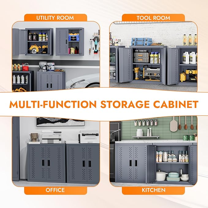 Metal Wall Storage Cabinet Steel Wall Mounted Garage Storage Cabinet with Adjustable Shelf and Doors for Basement Utility Room Warehouse Kitchen