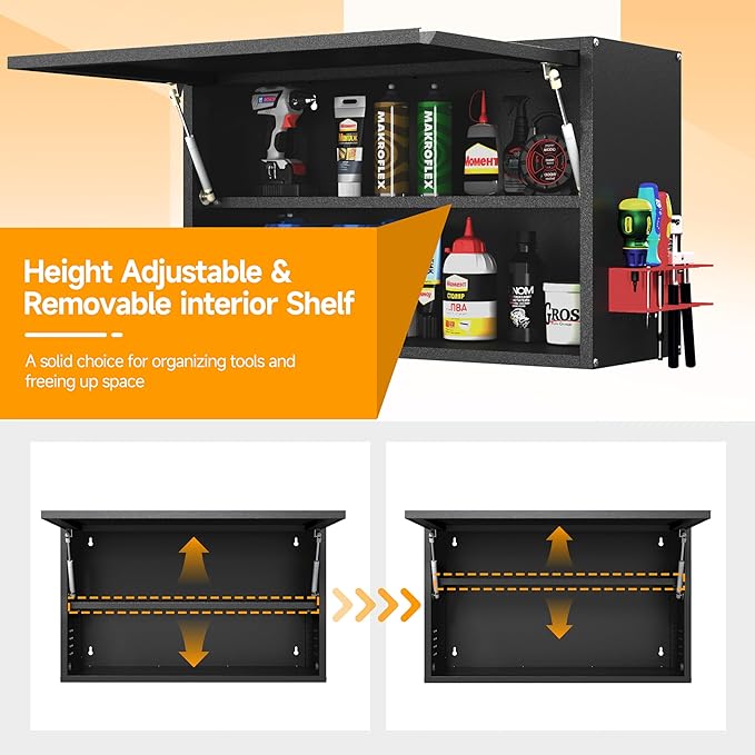 Metal Wall Cabinet with Up-flip Door,Metal Wall Storage Cabinet with Adjustable Shelf,Wall Mounted Tool Cabinets with Pegboard for Garage,Basement,Home Office, Kitchen,Warehouse-Black