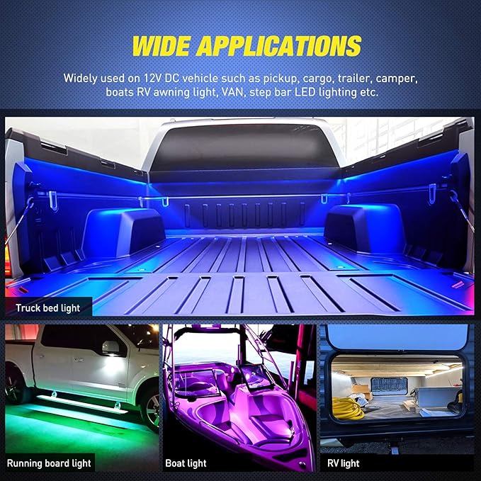 Nilight - TL-31 2PCS 60Inch RGB Truck Bed Light Strip Kit 180 LED RF Remote Control with On Off Switch Blade Fuse 2Way Splitter Extension Cable for Cargo Pickup Truck SUV RV Boat, 2 Years Warranty