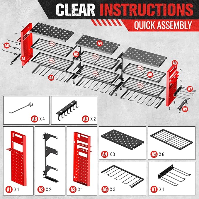 49.8" W Large Power Tool Organizer Wall Mount, Heavy Duty Tool Organizer with 14 cordless Drill Holder, 4 Layers Garage Organization and Storage Rack, Tool Rack for Garage Workshop, Red