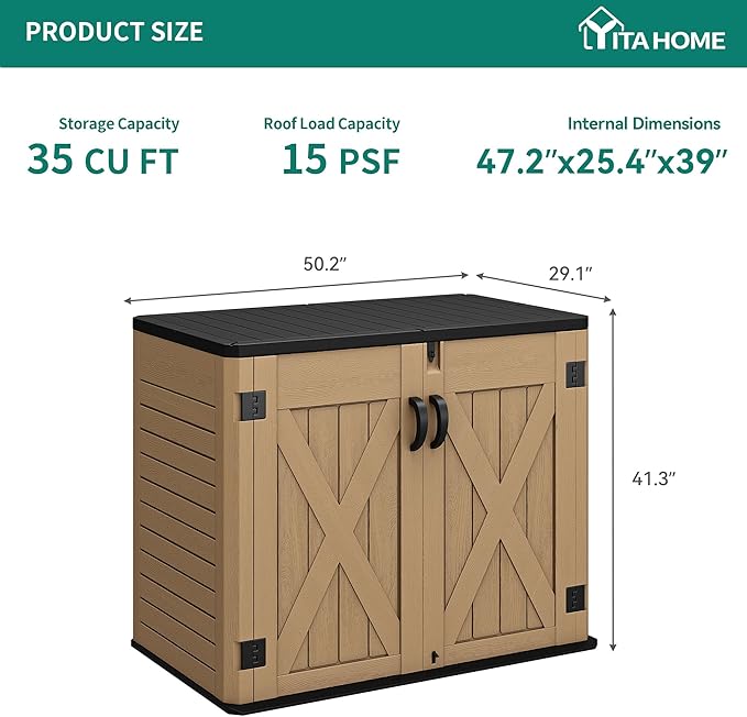 YITAHOME Outdoor Resin Storage Sheds with X-Shaped Lockable Door, 39 in Height Lockable Waterproof Horizontal Shed w/o Shelf, Easy to Assemble Shed Storage for Garden Tools, Brown
