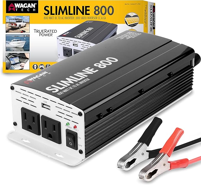 Wagan EL3718 800W Slim Line AC to DC Power Inverter 800W TrueRated Continuous 1600W Surge Power DC 12V to AC 110V Power Inverter with 2 AC Outlets and 2A USB Charging Port