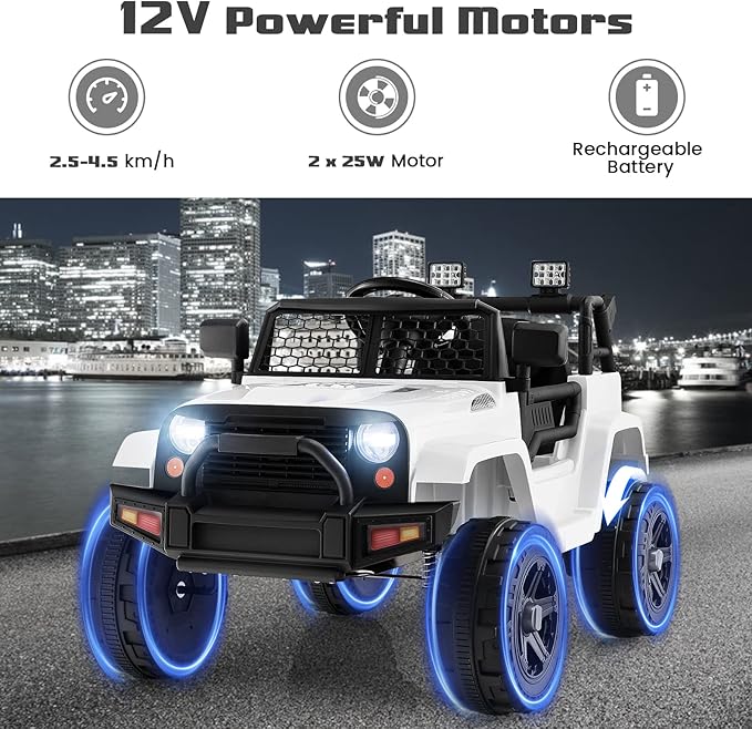 OLAKIDS Kids Ride On Truck, 12V Electric Vehicle Jeep Car with Remote Control, Toddlers Battery Powered Toy with 2 Speeds, Spring Suspension, Double Open Doors, LED Lights, Music, TF, USB, Mp3 (White)