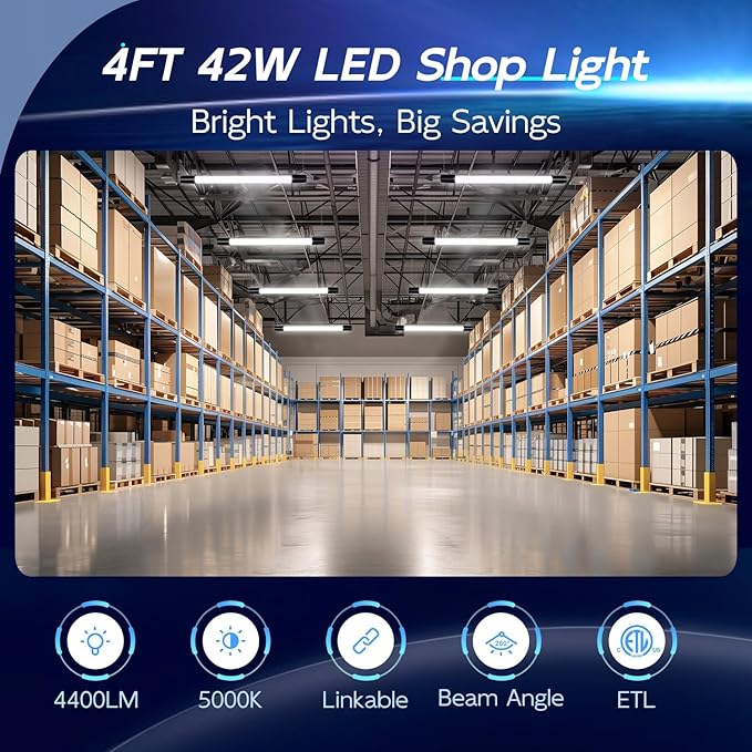 hykolity 4 Pack Linkable LED Shop Light, 4FT 42W [250W Equivalent], 4400lm, 5000K Daylight, with Plug, Utility Light Fixture, Hanging or Surface Mount, Black