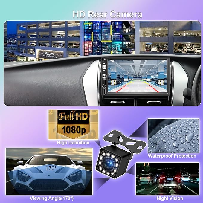 7” Wireless Apple CarPlay Double Din Car Stereo,FM Car Radio,Bluetooth 5.2,IPS Touchscreen 1024 * 600, Backup Camera,EQ Audio,Dual USB+Type-c Charging,Subwoord,Android Auto,Navigation,CarPlay MP5