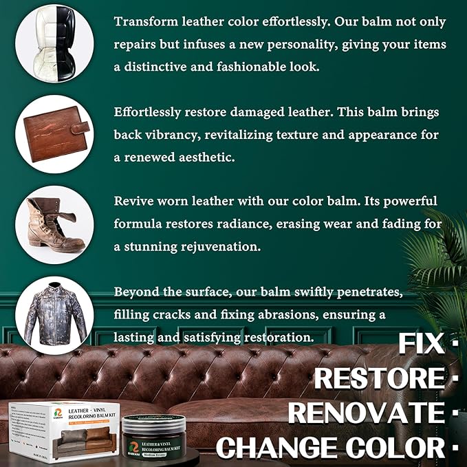 Medium Brown Leather Repair Kit, Leather Recoloring Balm – Restore & Repair Faded Leather on Couches, Car Seats, Shoes & Furniture | Leather Color Restorer & Conditioner | Easy DIY Application
