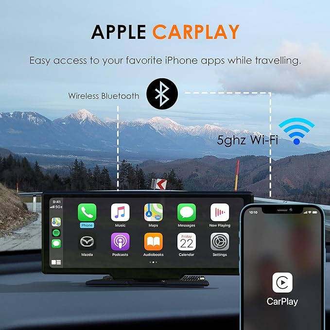 CPDuo Pro - 10.26" 4K Dash Cam with Wireless CarPlay & Android Auto, Touchscreen, GPS, Bluetooth, WDR, Night Vision, 170° Wide, Parking Mode